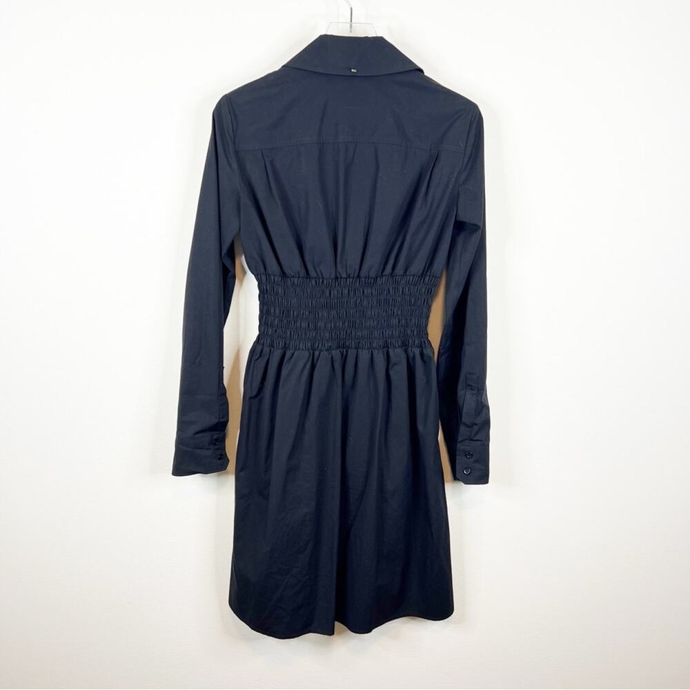 SPORTMAX MaxMara Poplin Smocked Waist Zip Front A-Line Shirtdress 2 Black - Picture 3 of 7
